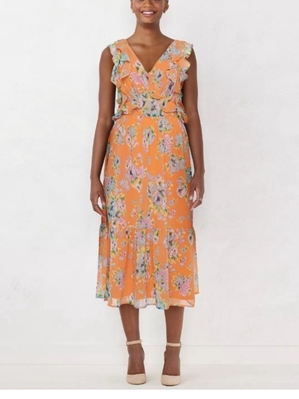LC Lauren Conrad Orange Floral Ruffle Midi Dress